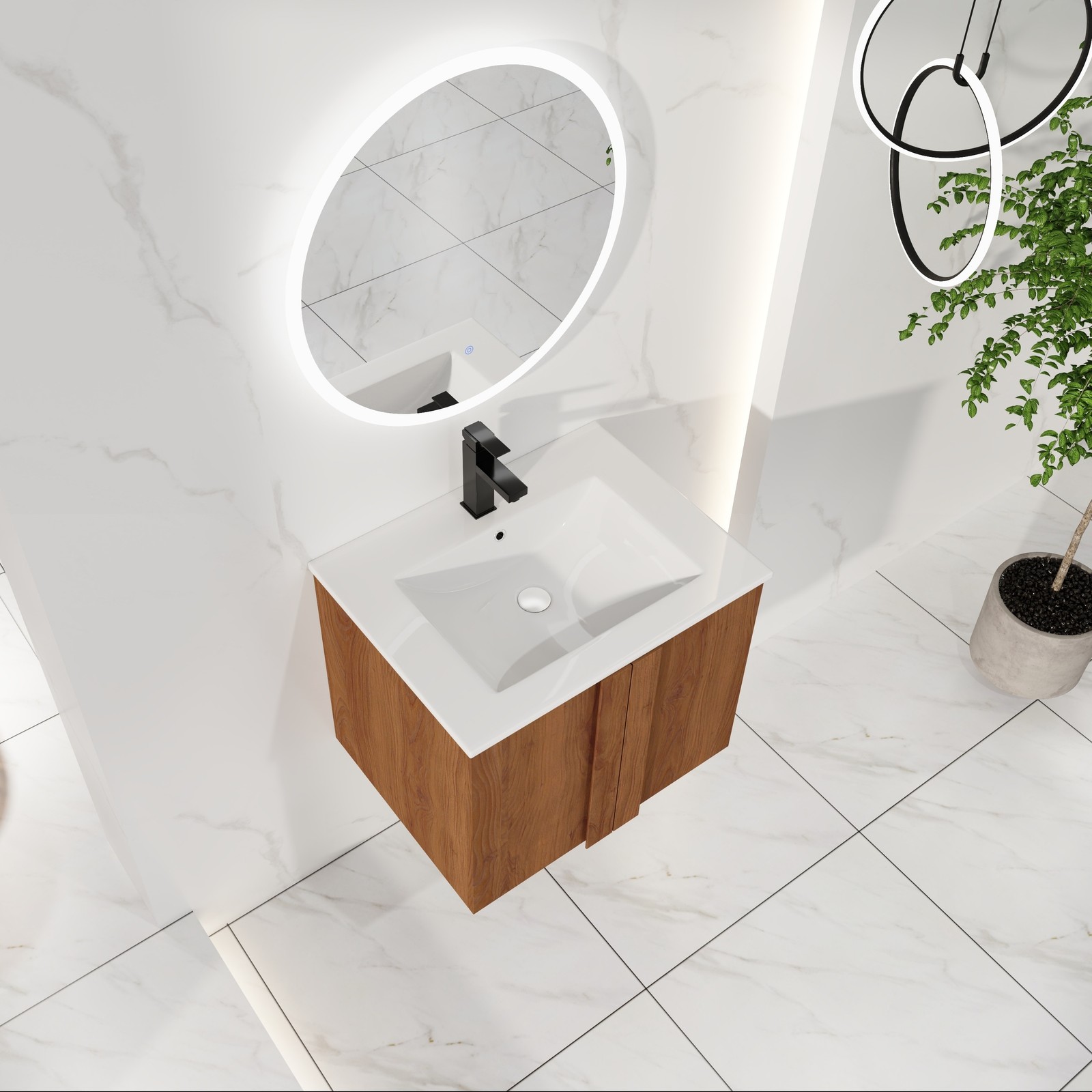 24″ Floating Bathroom Vanity with Sink, Brown Ebony Cabinet, Soft-Close
