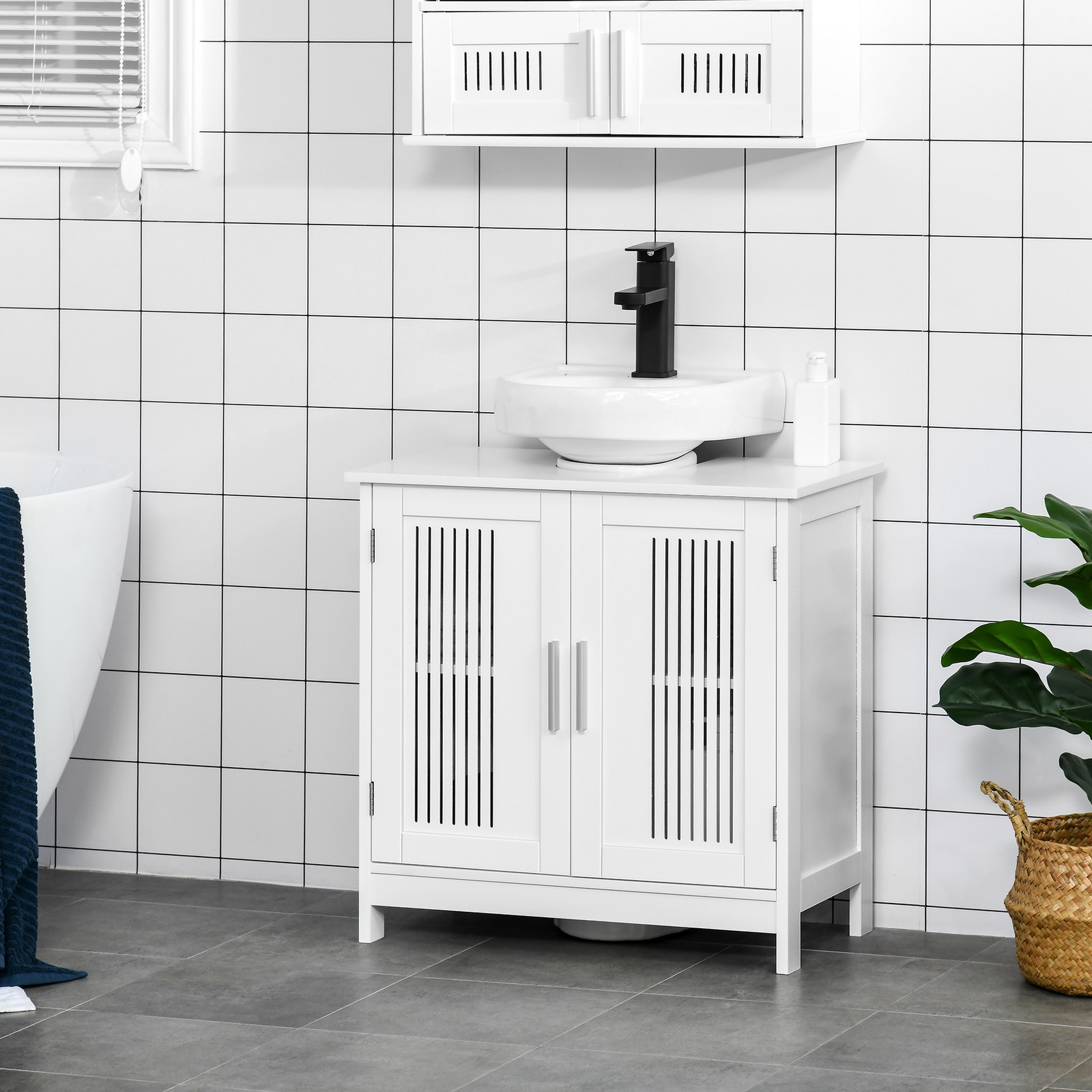 Modern sink cabinet under the sink, 2 doors, adjustable rack, white, MDF + metal