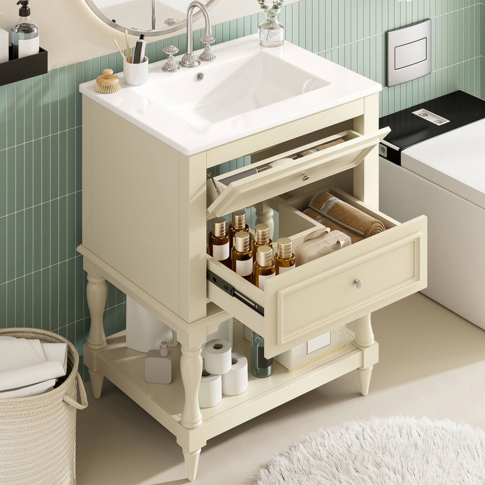 FUNIDEE 24″ Bathroom Vanity with Ceramic Sink Storage Cabinet w/ 2 Drawers Beige