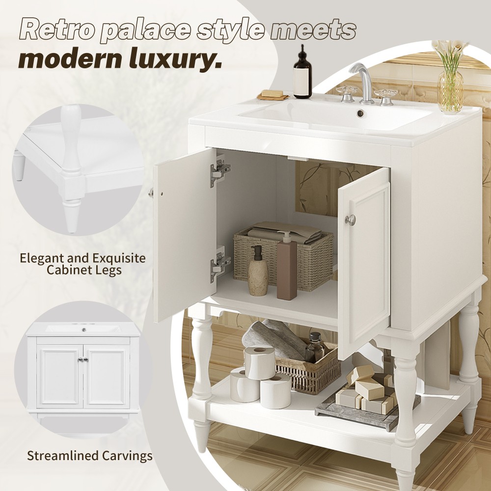 24″ Modern Bathroom Vanity w/ Ceramic Sink & Storage, White
