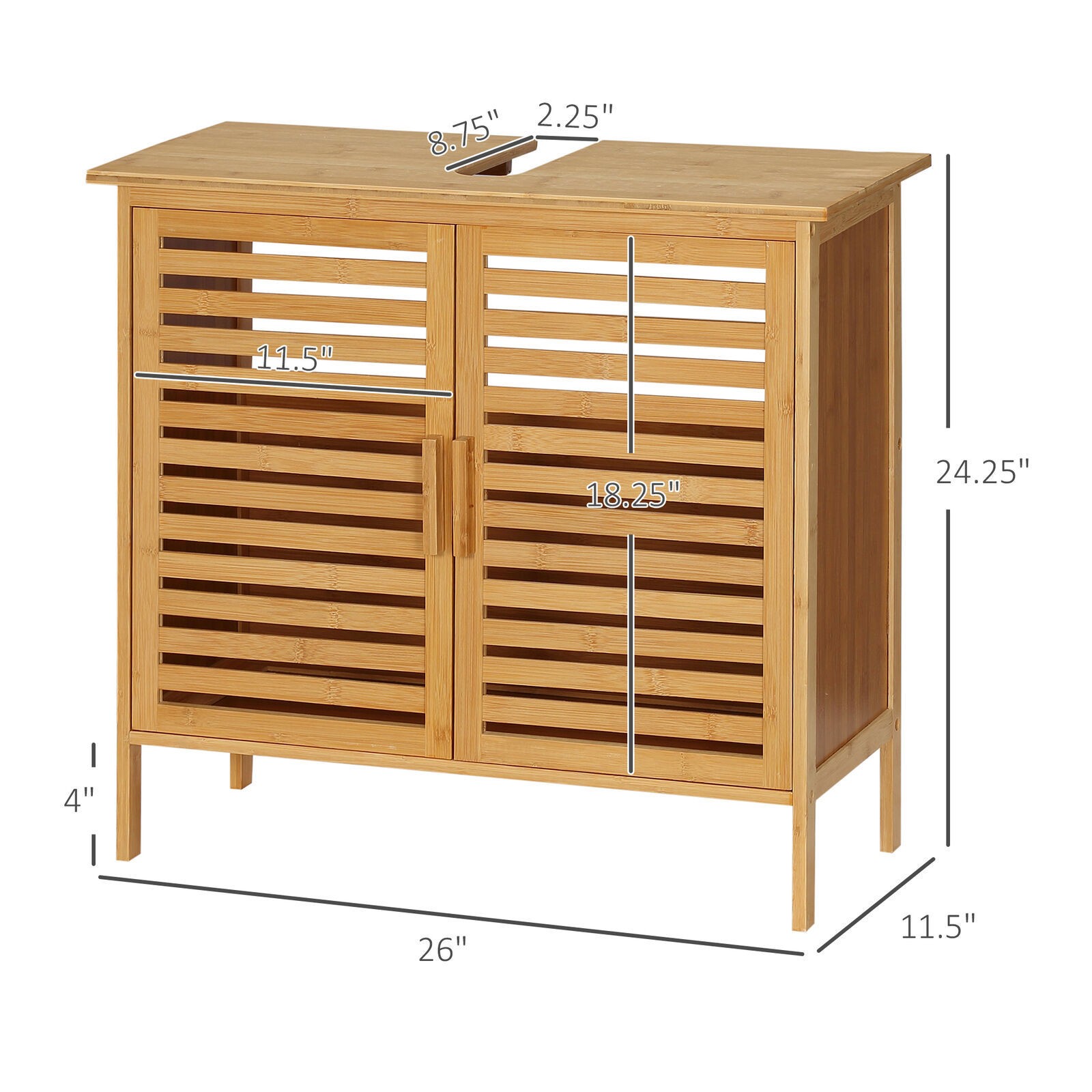 kleankin Freestanding Under Sink Cabinet with 2 Slatted Doors Bamboo Frame