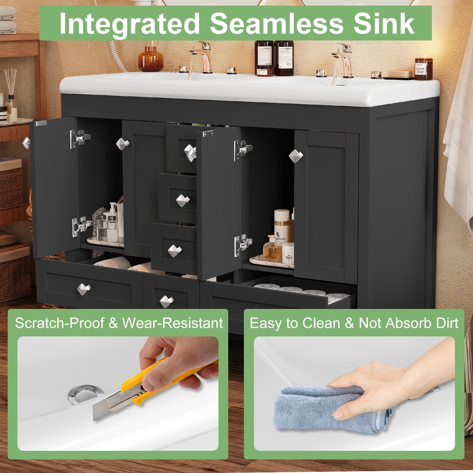 47″ Freestanding Vanity Bathroom Cabinet with Double Ceramic Sink & 6 Drawers