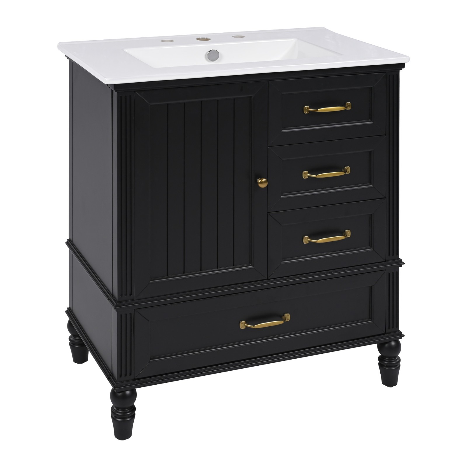 30″ Bathroom Vanity with Sink & Cabinet, Black, Solid Wood & MDF