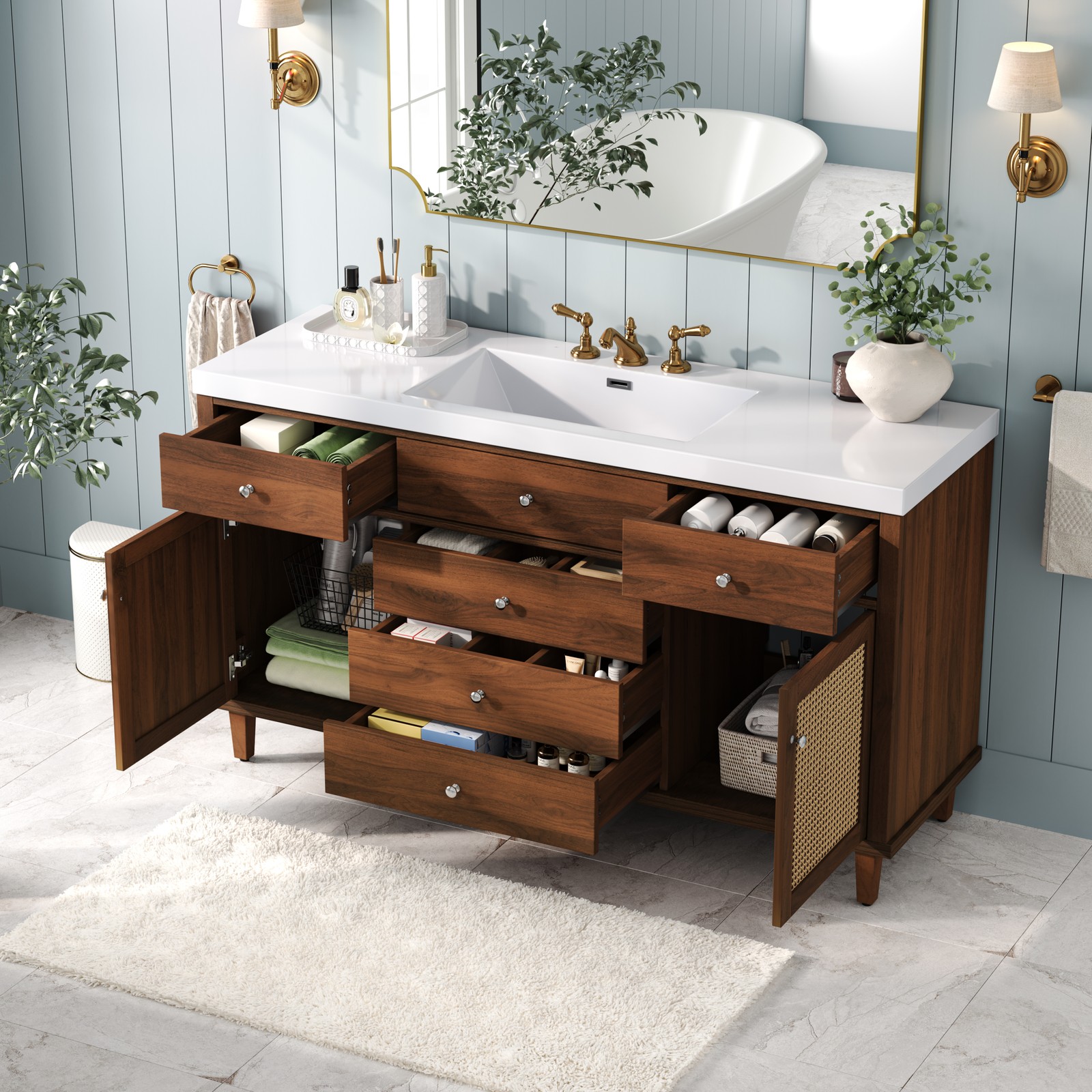 60″ Bathroom Vanity with Sink, Brown Rattan Doors, Soft Close Drawers