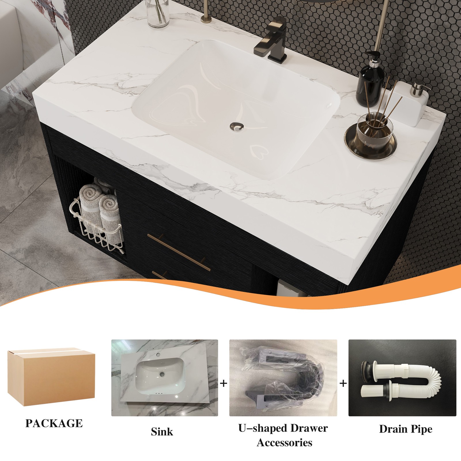 Modern Floating Bathroom Vanity Sintered Stone Top Ceramic Undermount Sink 29.9″