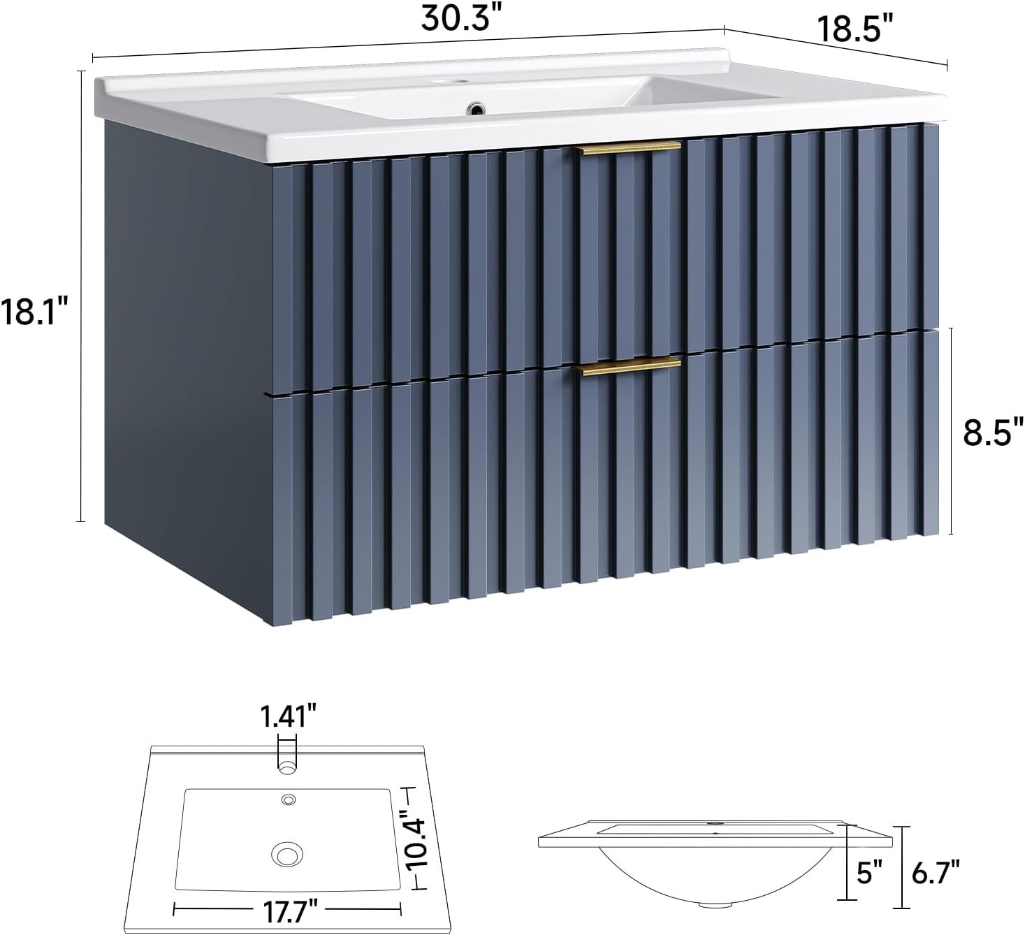 30 Inch Bathroom Vanity with Sink Combo Floating Bathroom Vanity with 2 Fluted