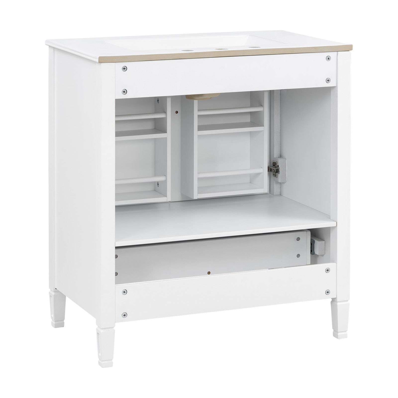 30″ White Fluted Bathroom Vanity with Ceramic Sink, Soft-Close