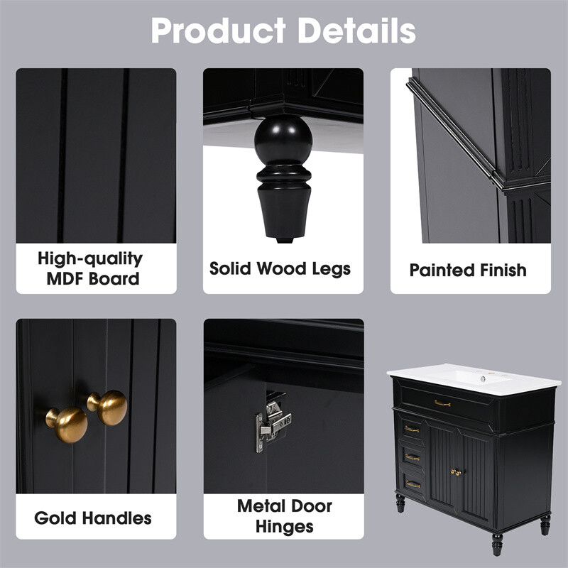 36″ Bathroom Vanity Set with Sink, Black Bathroom Cabinet w/3 Drawers & 2 Doors