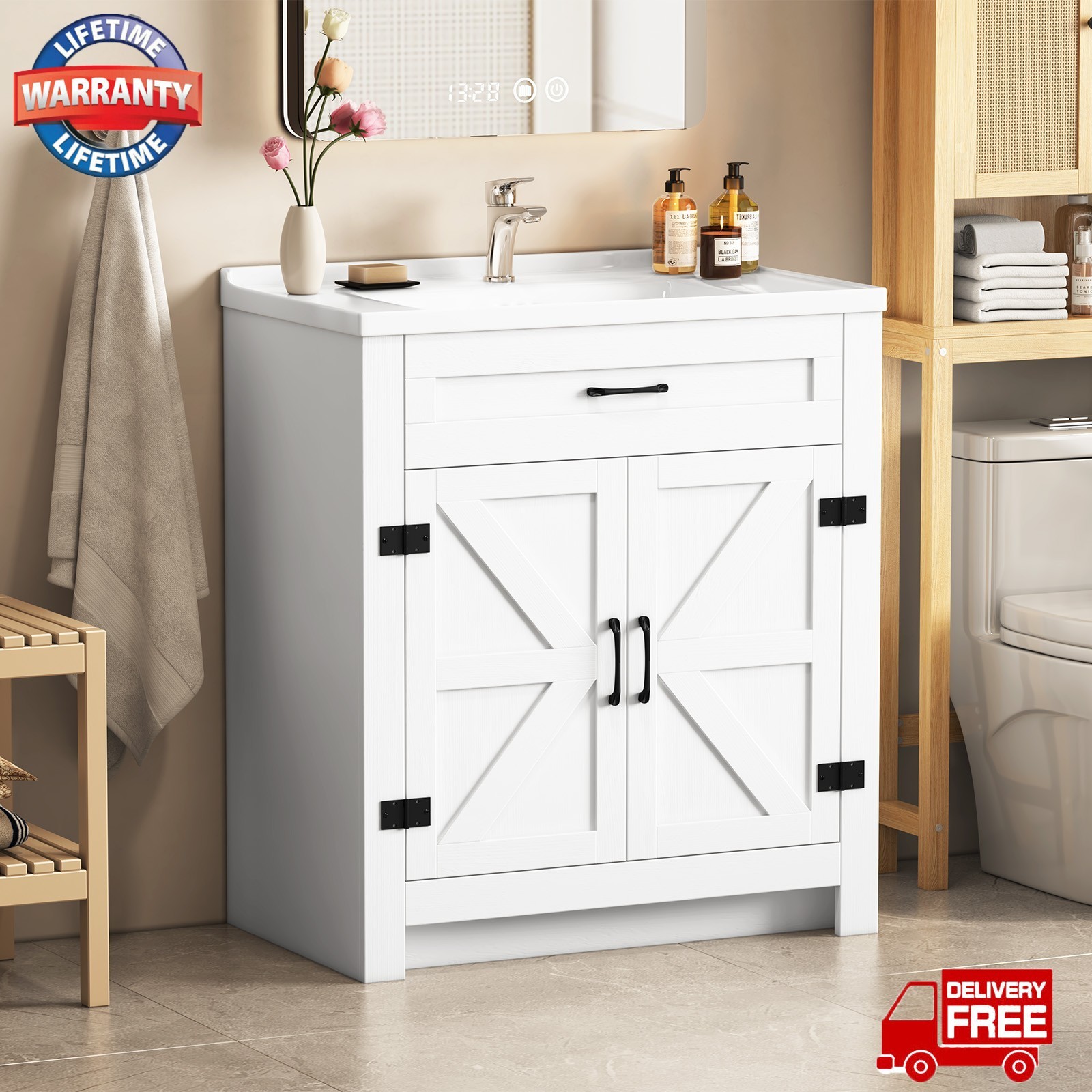 31″ Bathroom Vanity w/Sink, Drawer,Freestanding Storage Vanity 2 Door Cabinet