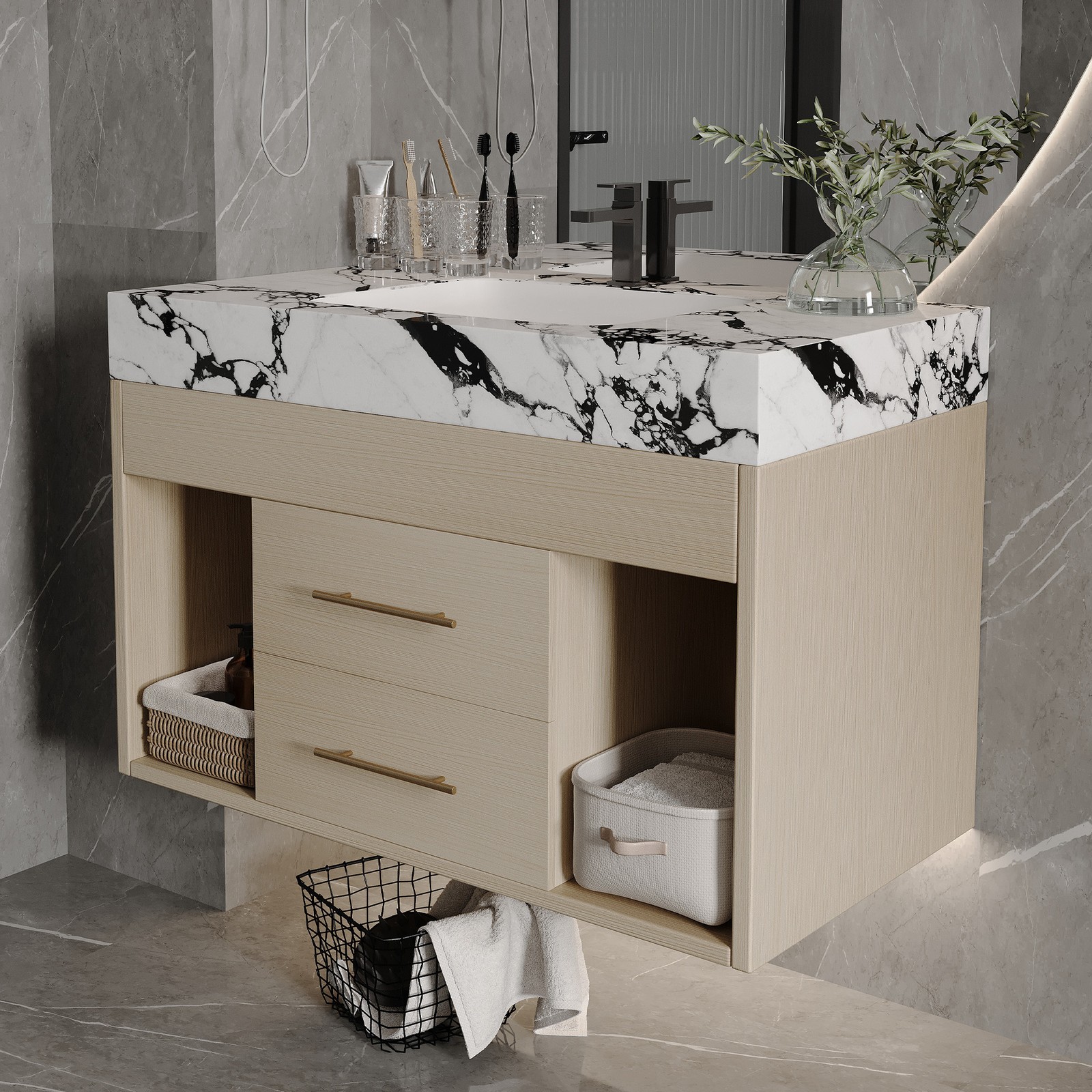 29.9″ Floating Bathroom Vanity with Sintered Stone Top & Ceramic Sink