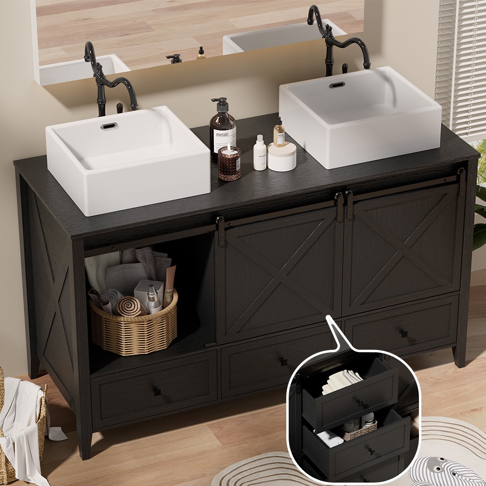 60″ Freestanding Vanity Wood Bathroom Cabinet W/ Ceramic Sink Combo Barn Door