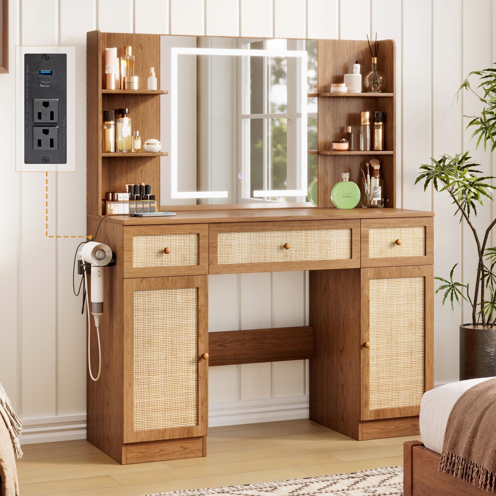 43″ Boho Vanity Desk w/ LED Mirror & Power Strip Rattan Drawers Shelves Cabinet