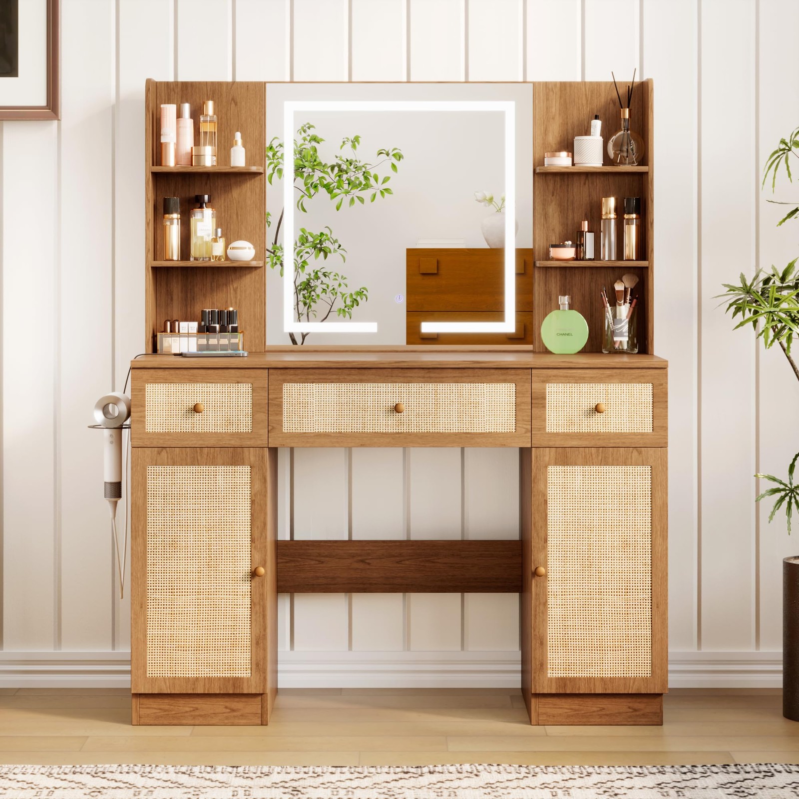 43″ Boho Vanity Desk w/ LED Mirror & Power Strip Rattan Drawers Shelves Cabinet