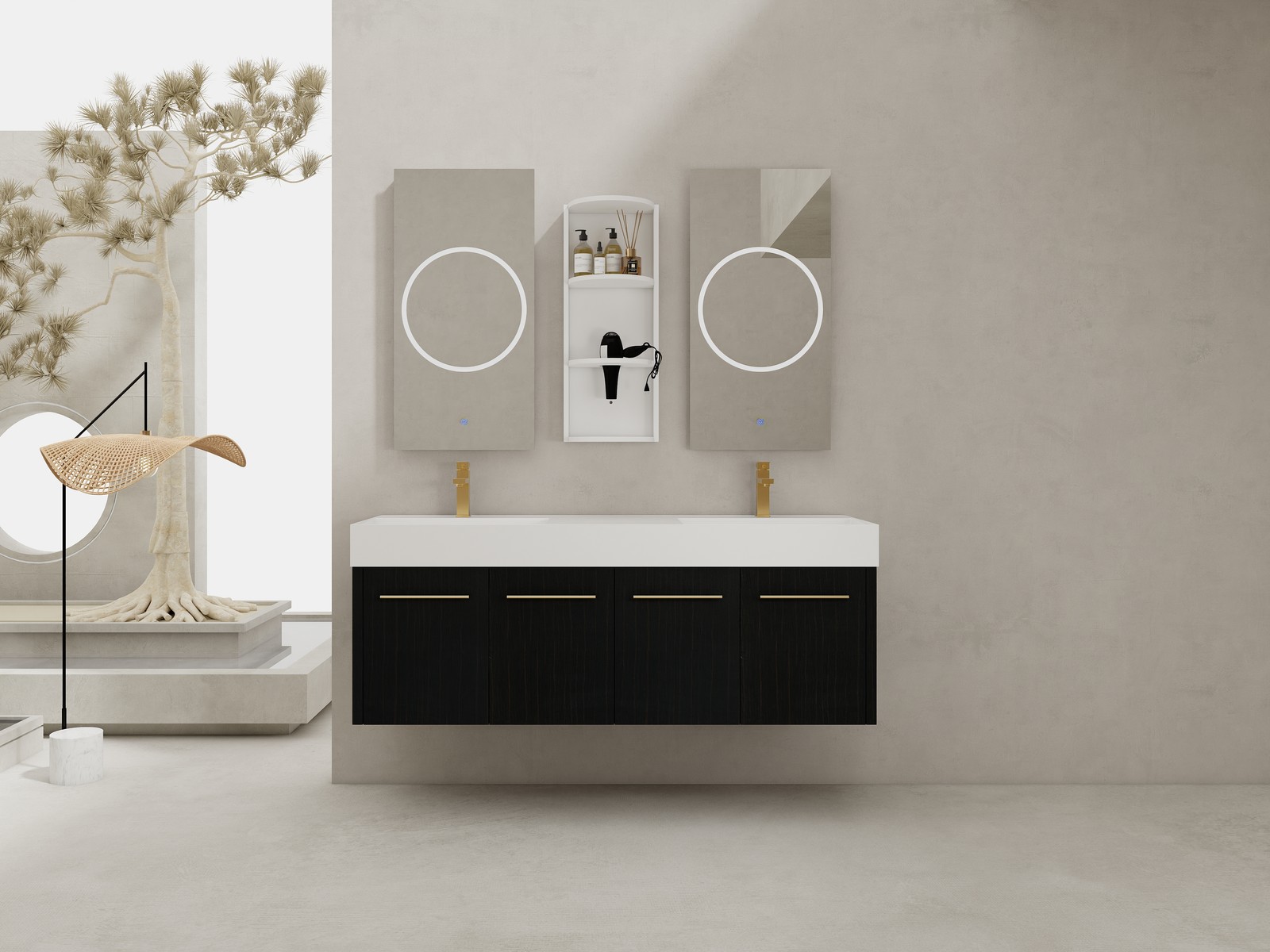 60 In Floating Wall-Mounted Bathroom Vanity Cabinet W/ Double Resin Top Basin