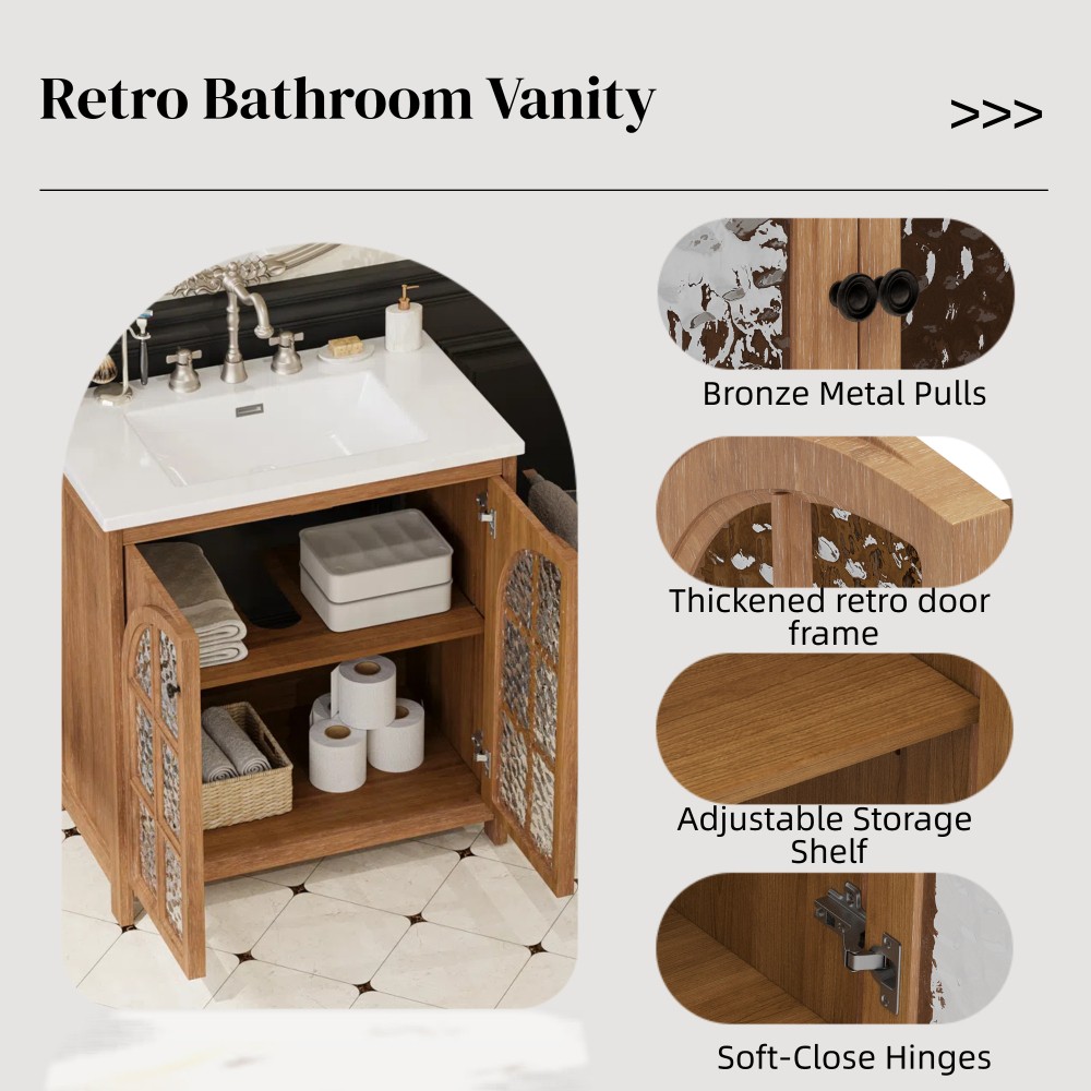 30″ Rustic Bathroom Vanity Cabinet w/Ceramic Sink Bronze Pulls 2 Doors