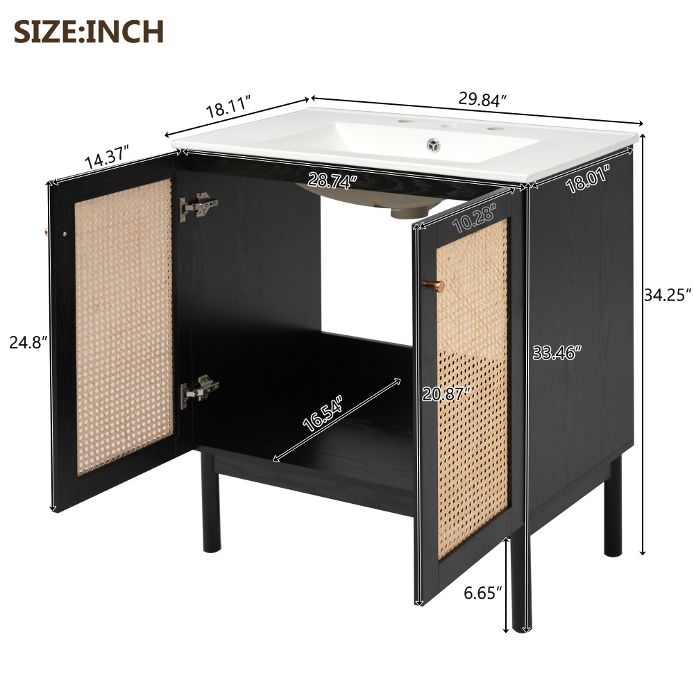 30in Solid Wood Bathroom Vanity Ceramic Sink Soft Close 2 Doors Storage Cabinet