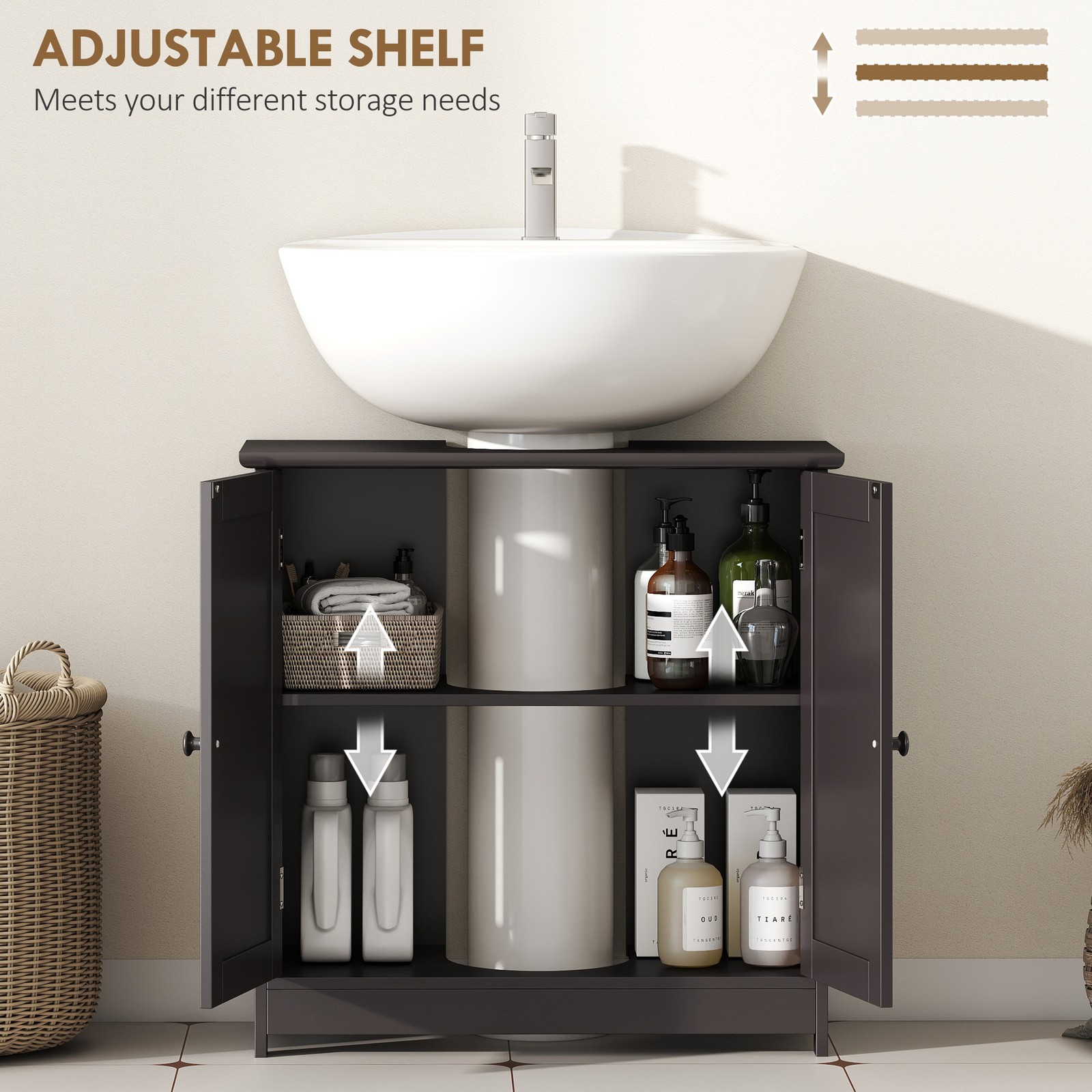 Under Sink Bathroom Cabinet with 2 Doors and Shelf, Coffee