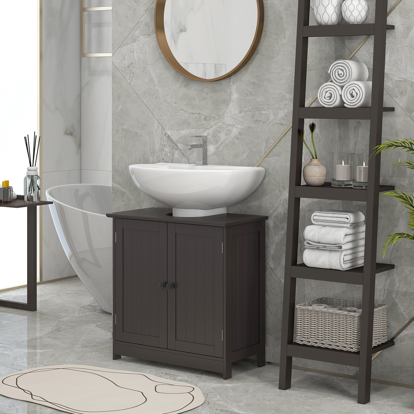 Under Sink Bathroom Cabinet with 2 Doors and Shelf, Coffee
