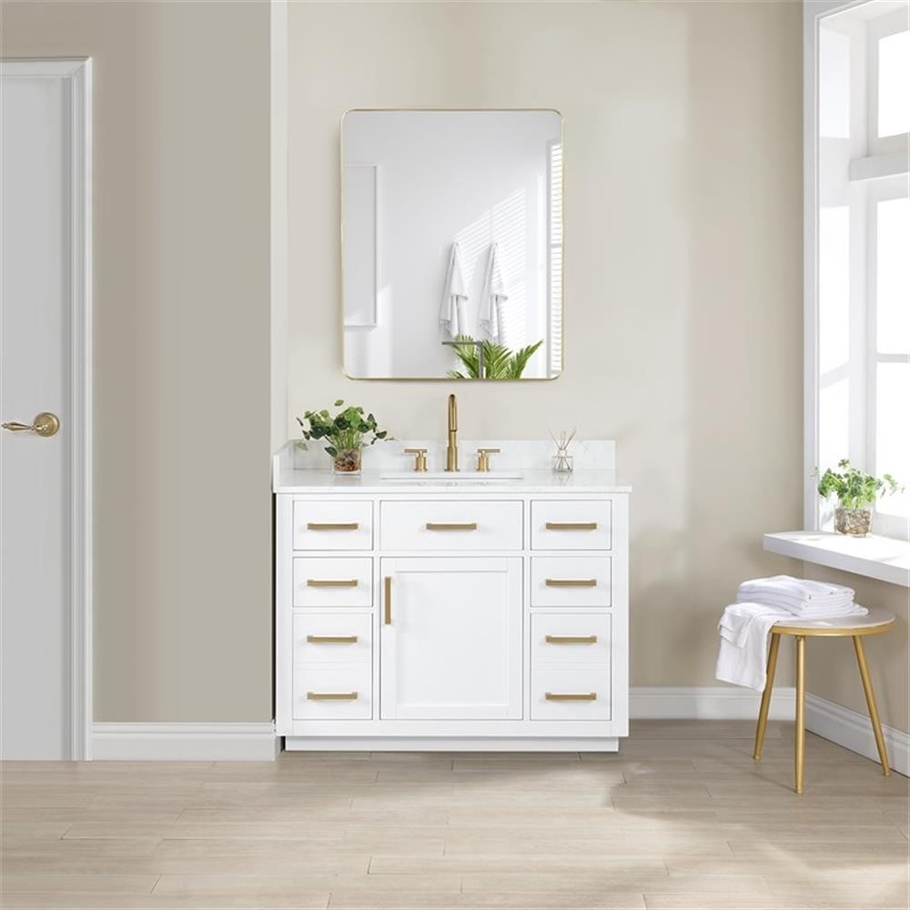 Gavino 42″ Wood Vanity in White with Composite Stone Top with Mirror