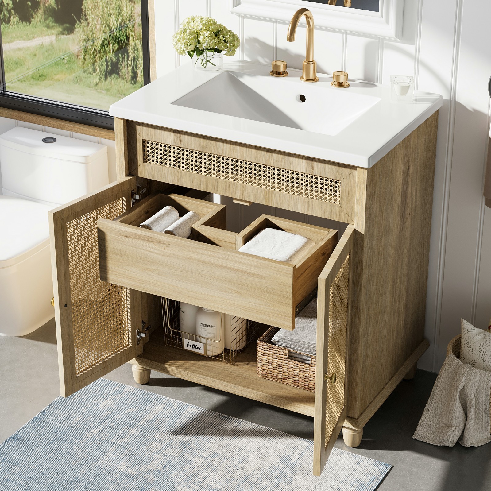 30 In Bathroom Vanity Handwoven Rattan Doors Solid Wood Legs Resin Sink Cabinet