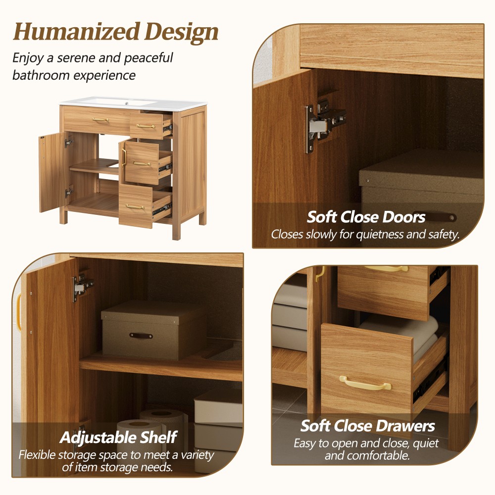 36 Inch Wood Bathroom Vanity with Ceramic Sink, Soft Close Doors & Drawers
