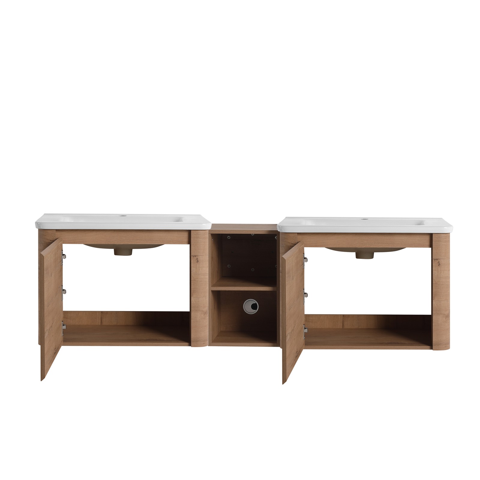 68in Wall-Mounted Bathroom Vanity W/ Double White Ceramic Basin Shelves Plywood