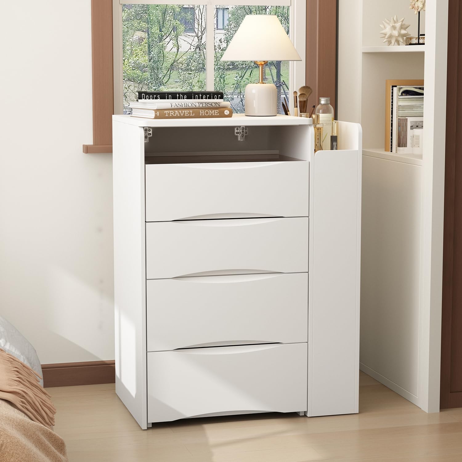 White Vanity Set with LED Mirror 3-Tier Shelf Stool Drawers Organizer Glass Top