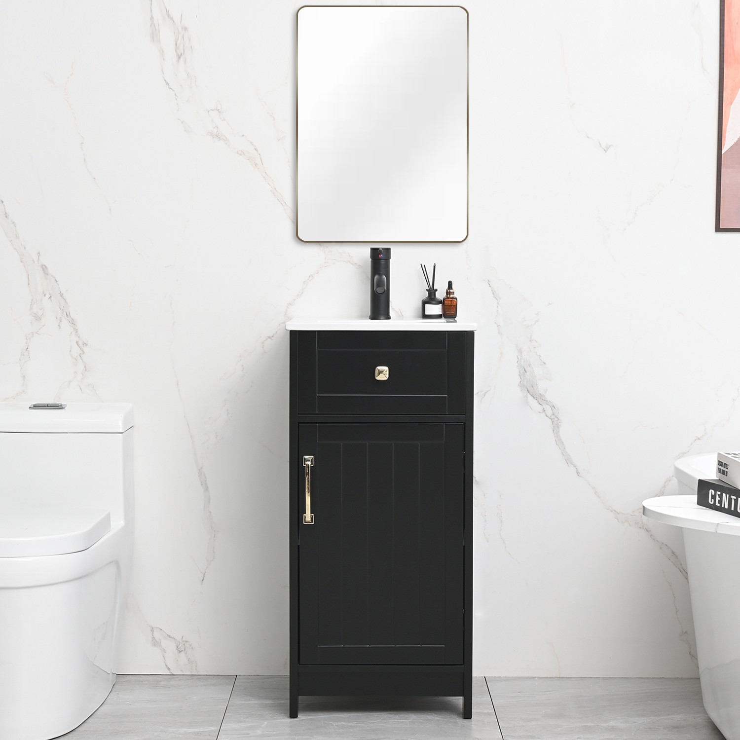 16 in Bathroom Vanity with Sink Free Standing Cabinet Ceramic Sink Faucet Combo