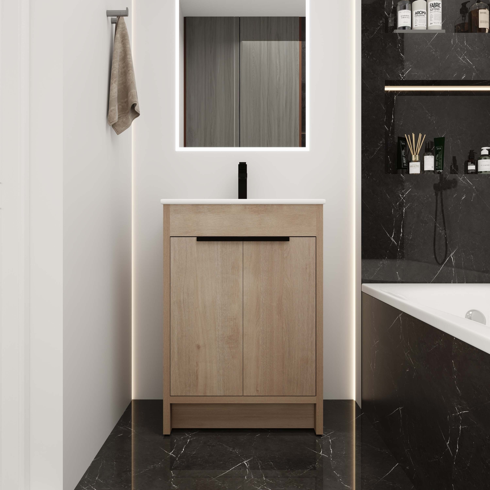 24” Freestanding Bathroom Vanity w/ White Ceramic Sink & 2 Soft Close Doors Oak