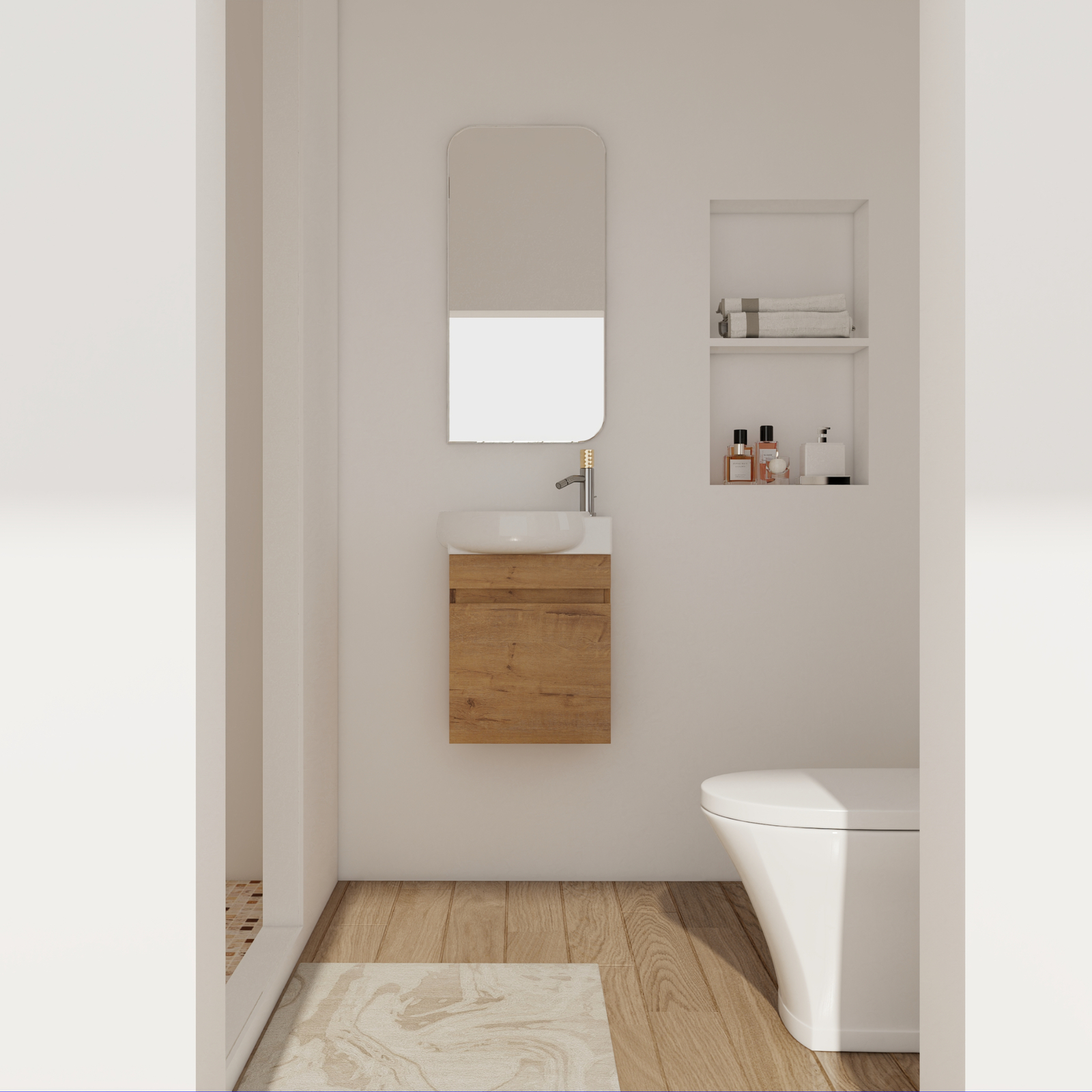 16″Floating Wall Mounted Bathroom Vanity +Round Ceramic Sink for Small Space Oak