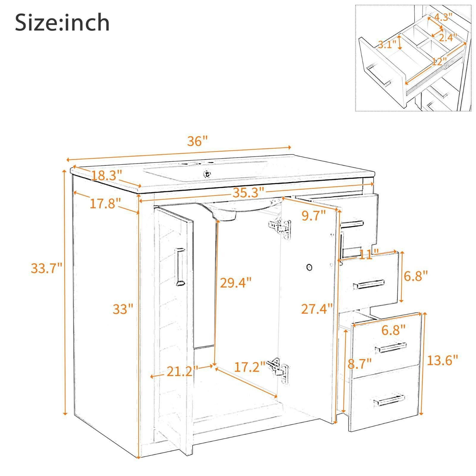 Stylish 36” Solid Wood Bathroom Vanity with Ceramic Undercounter Basin,