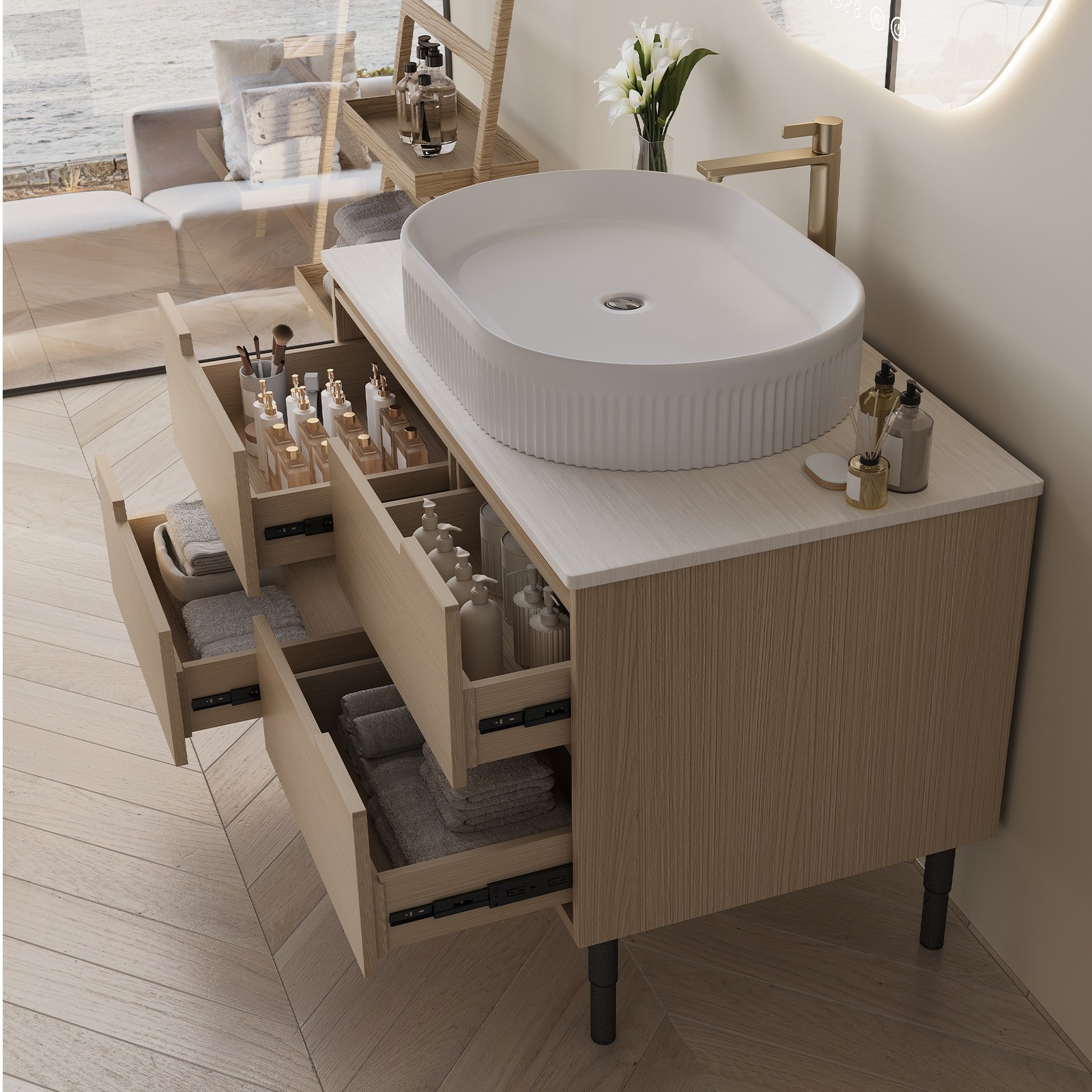 36″ Bathroom Vanity, Freestanding or Wall Mounted with Ceramic Integrated Sink