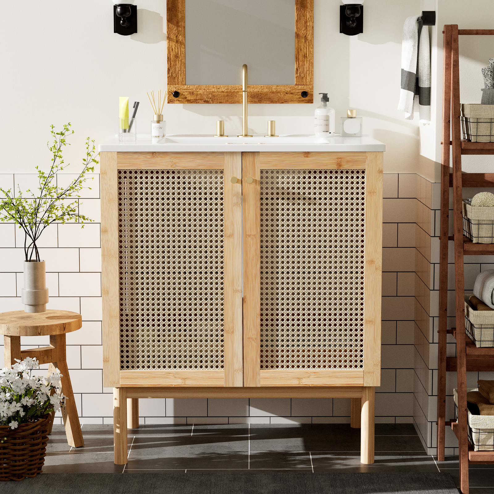 30″ Bathroom Vanity w/ Sink, Freestanding Vanity Storage Cabinet, 2 Rattan Doors