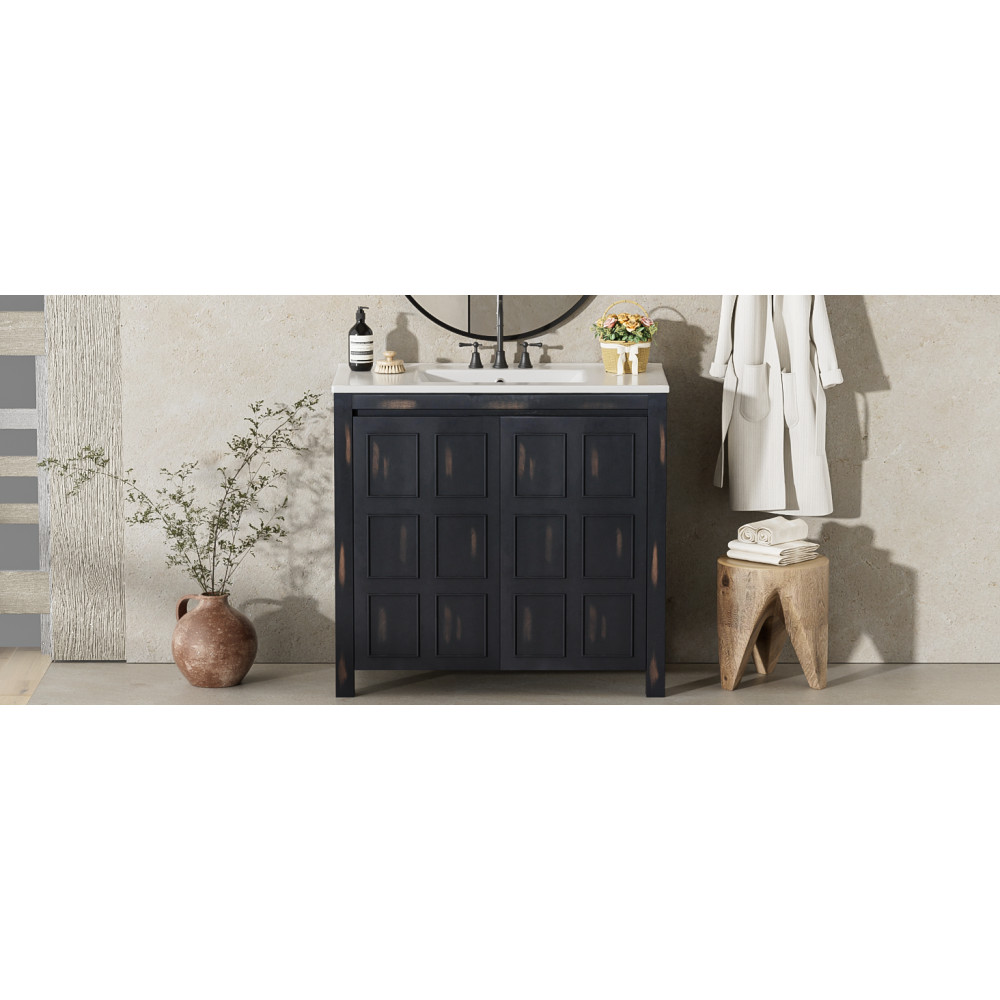36″ Vintage Bathroom Vanity w/Ceramic Sink,Solid Wood Frame,Soft Close Doors