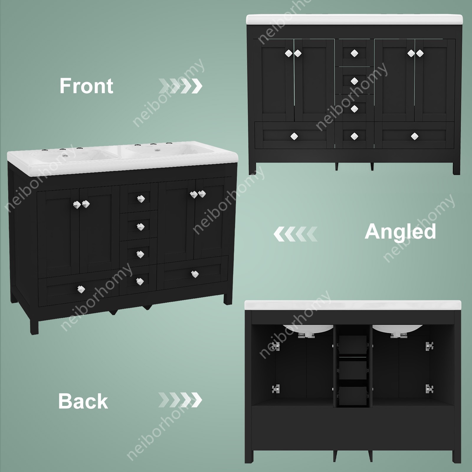 47″ Bathroom Vanity Cabinet with Double Sink Ceramic and 5 Drawers Freestanding