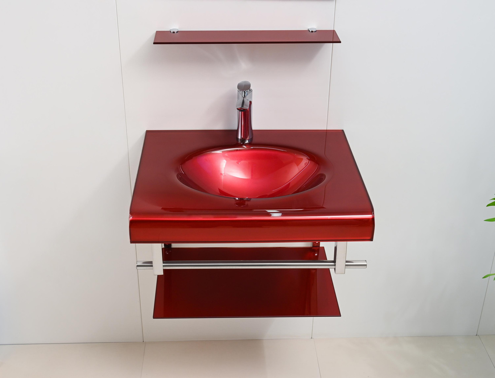 24″ Wine Red Glass Bathroom Vanity Combo Floating Glass Integrated sink Mirror