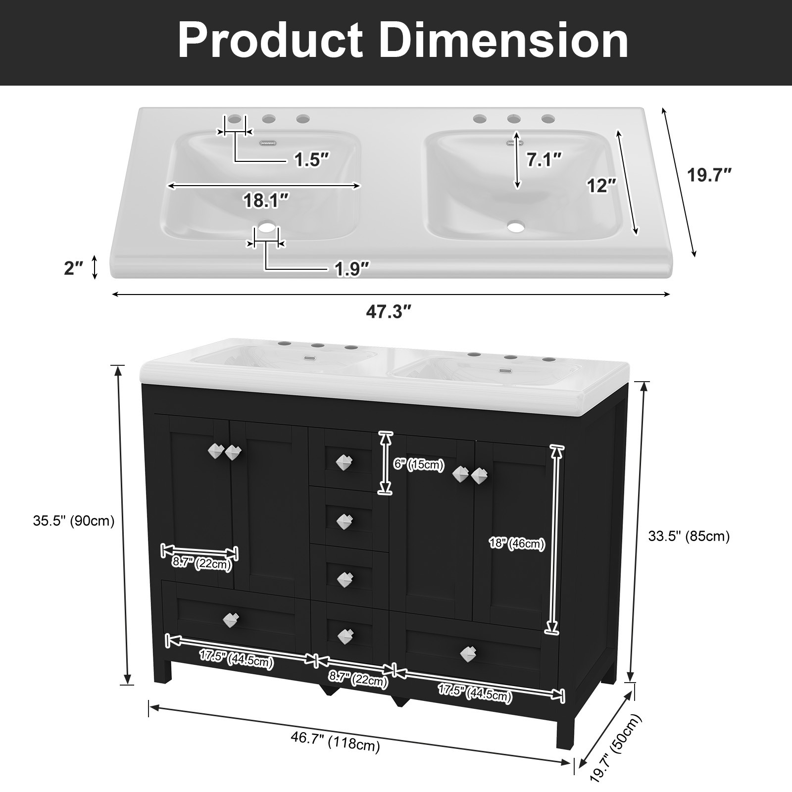 47” Double Bathroom Vanity Cabinet Ceramic Sink + Cabinet + 5 Drawers Black