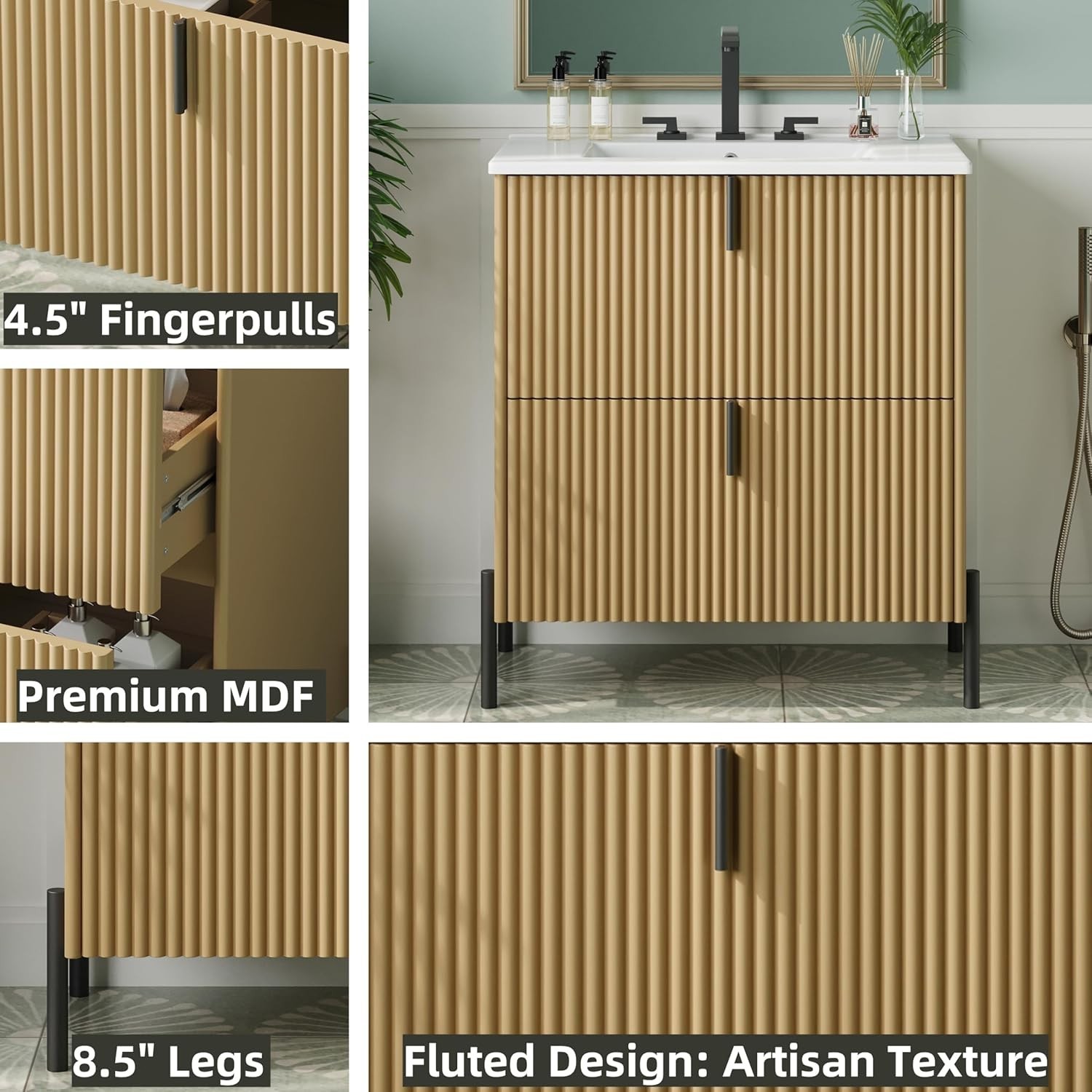 30 in.Bathroom Vanity with Fluted Design Vanity with Sink Suit For Any Bathroom