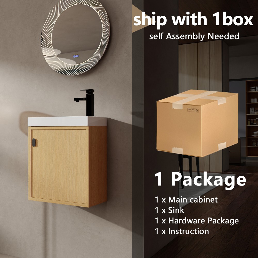 18.5-inch wall-mounted bathroom vanity overhangs to save space