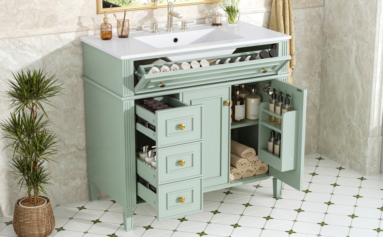 36 Inch Bathroom Vanity with Sink, Green Solid Wood Cabinet, Gold Handles