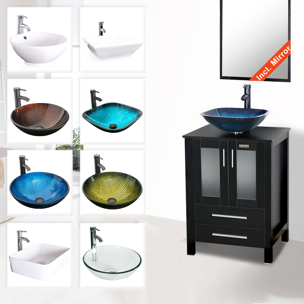 24 in Bathroom Vanity Black With Vessel Sink Set Cabinet Faucet Drain Combo