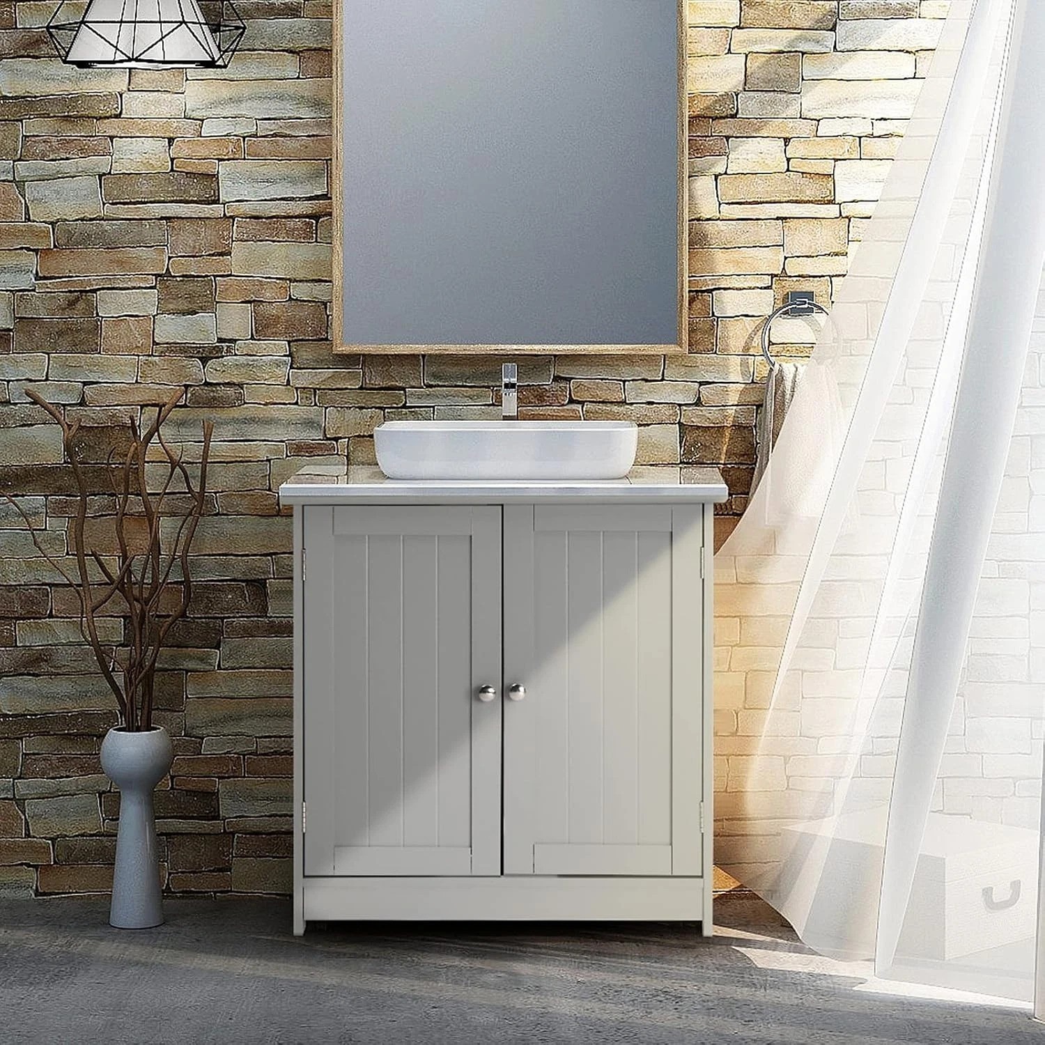Durable Freestanding Under Sink Cabinet with Adjustable Shelf – Grey Finish