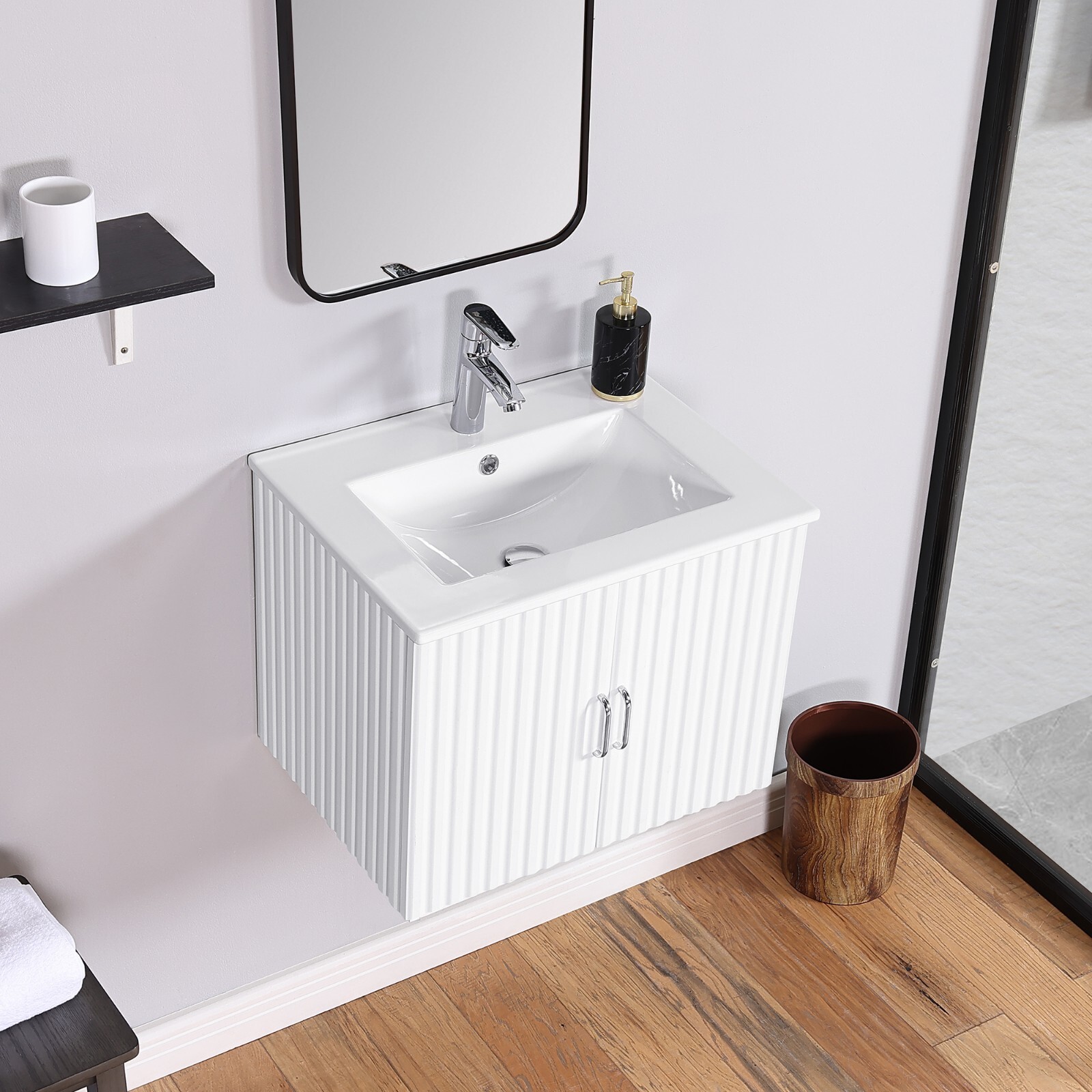 24″ Floating Wall Mounted Bathroom Vanity with White Porcelain Sink and Soft