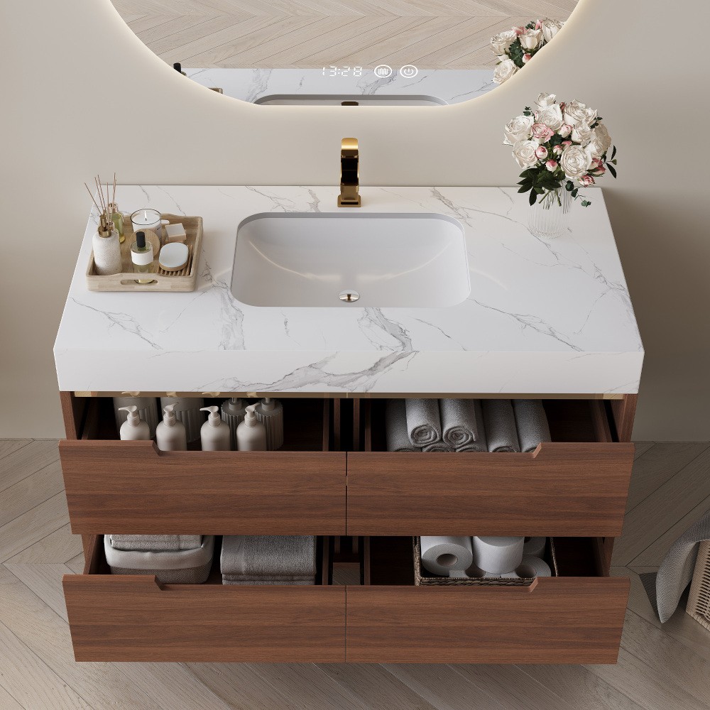 35.4″ Farmhouse Bathroom Vanity w/Sintered Stone Top，4 Drawers，Wall/Floor Mount