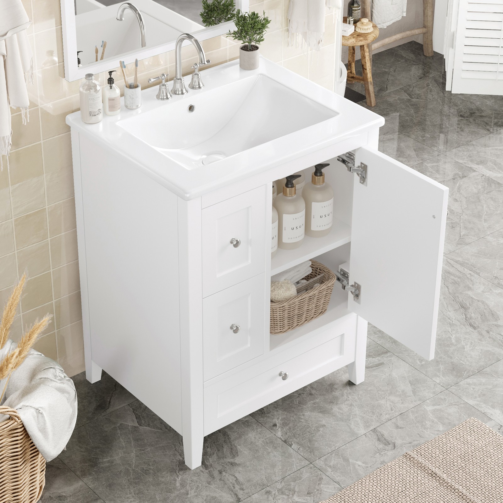 24″ Bathroom Vanity w/Storage, Adjustable Shelf Modern Bathroom Storage Cabinet