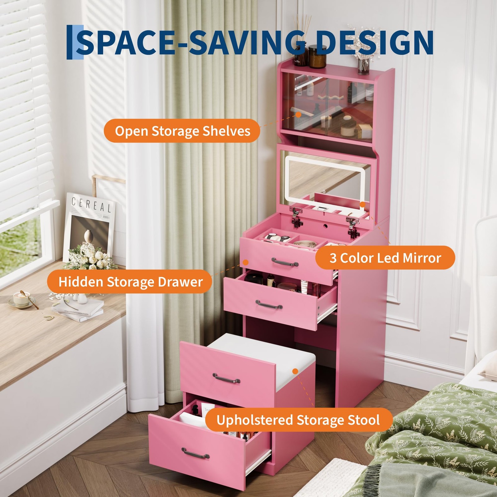 3-in-1 Compact Makeup Vanity Desk with Turnover Top Mirror