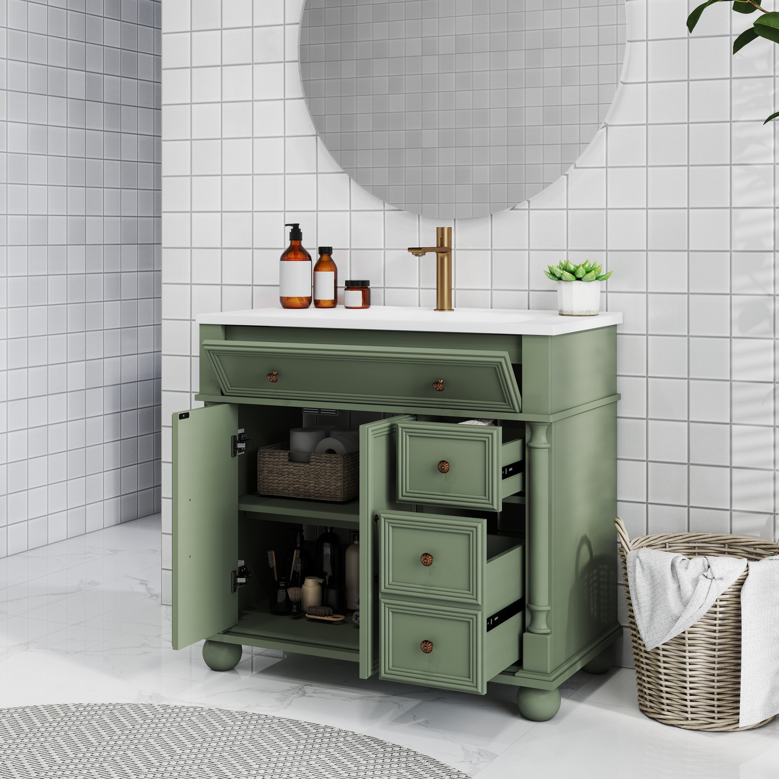 35.6″ Mid-Century Bathroom Cabinet Bathroom Vanity Sink with Roman Column Base