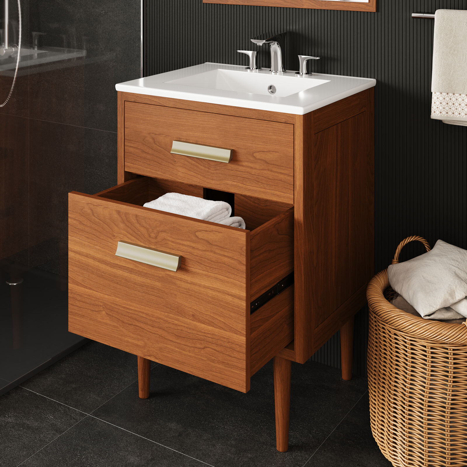 Modway Cassia 24″ Teak Wood Bathroom Vanity in Natural White