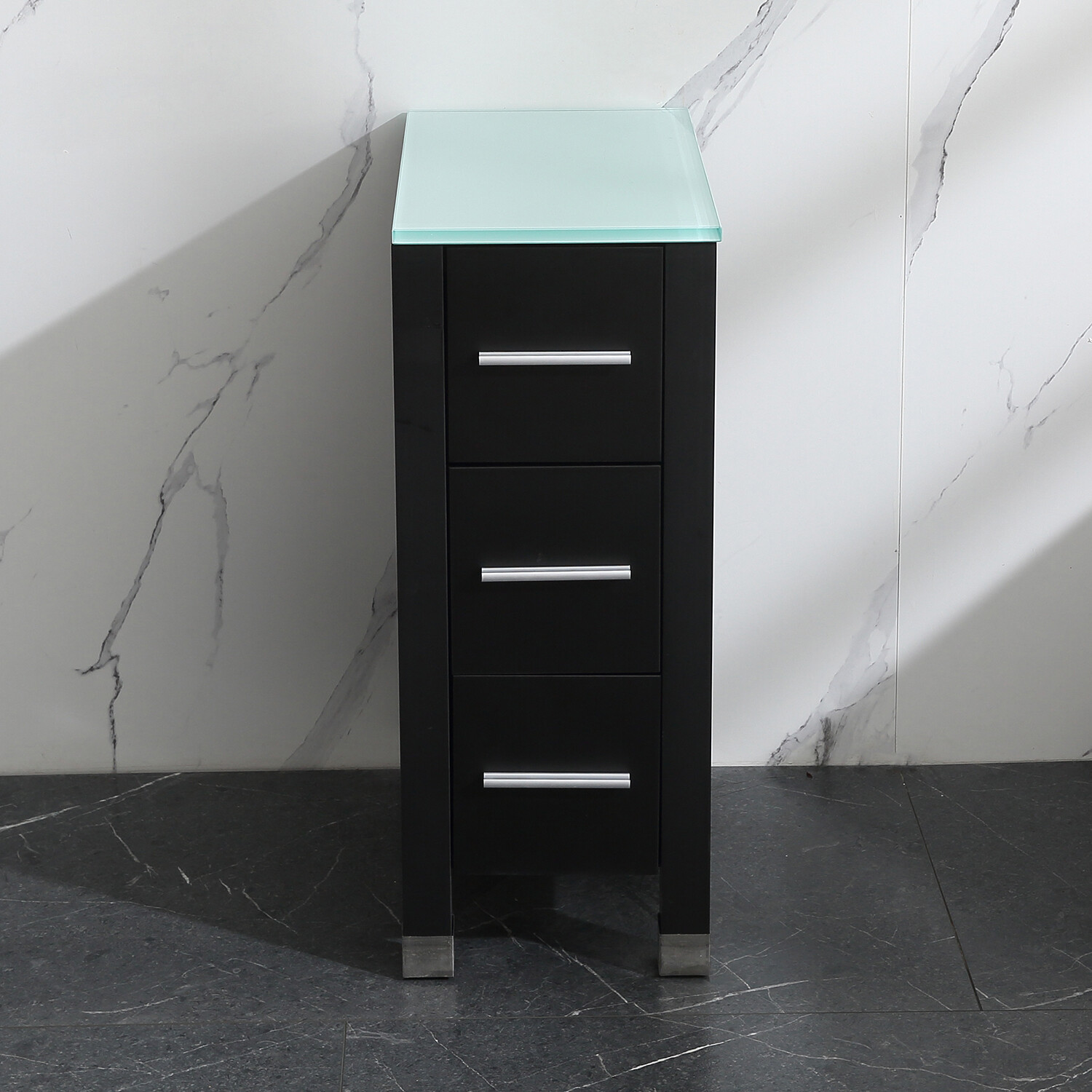 Modern Design Bathroom Vanity Small Cabinet Glass Top Black 3 Drawers Wood