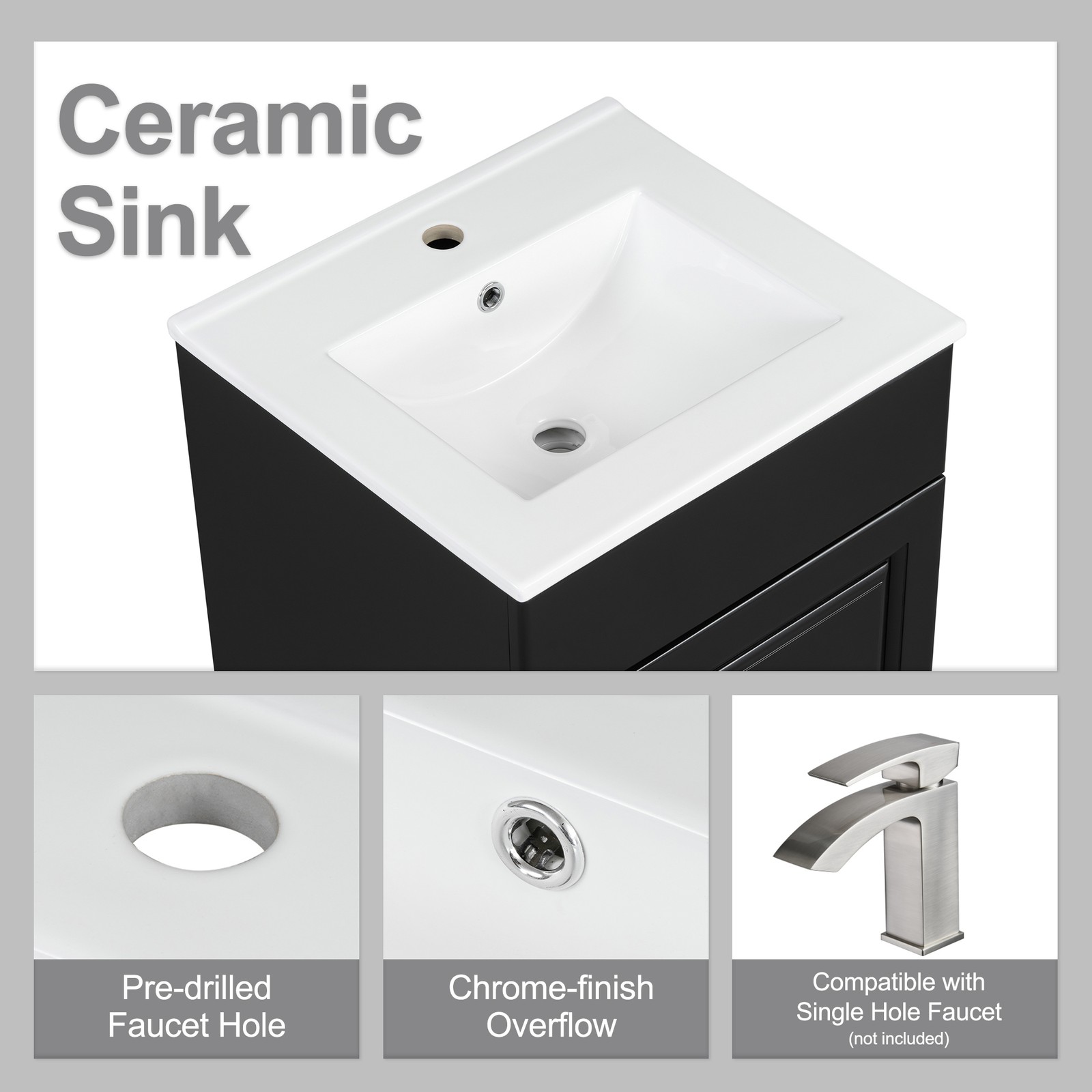20″ Bathroom Vanity with Ceramic Sink, Black MDF Cabinet